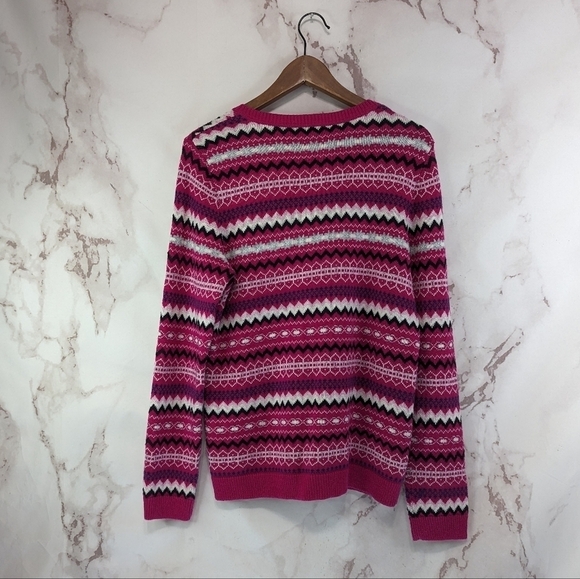 Talbots Cardigan Womens Medium Pink Lambs Wool Sweater Fair Isle Stripe Nordic - Picture 5 of 11
